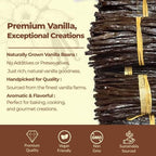 Bundled vanilla beans with text about premium vanilla and its qualities on a beige background.

Premium Vanilla, Exceptional creations.
- Naturally Grown Vanilla Beans : No Additives or Preservatives, just rich , natural vanilla goodness. 
- Handpicked for quality :  Sourced  from the finest vanilla farms.
-Aromatic & Flavorful : Perfect for baking, cooking , and gourmet creations.

Premium Quality
Vegan Friendly 
NON GMO
Sustainably Sourced