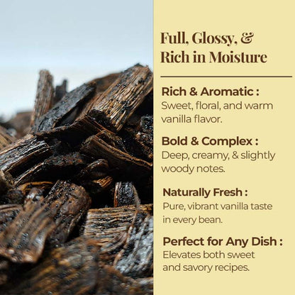 Close-up of dried vanilla cuts showing rich brown vanilla beans