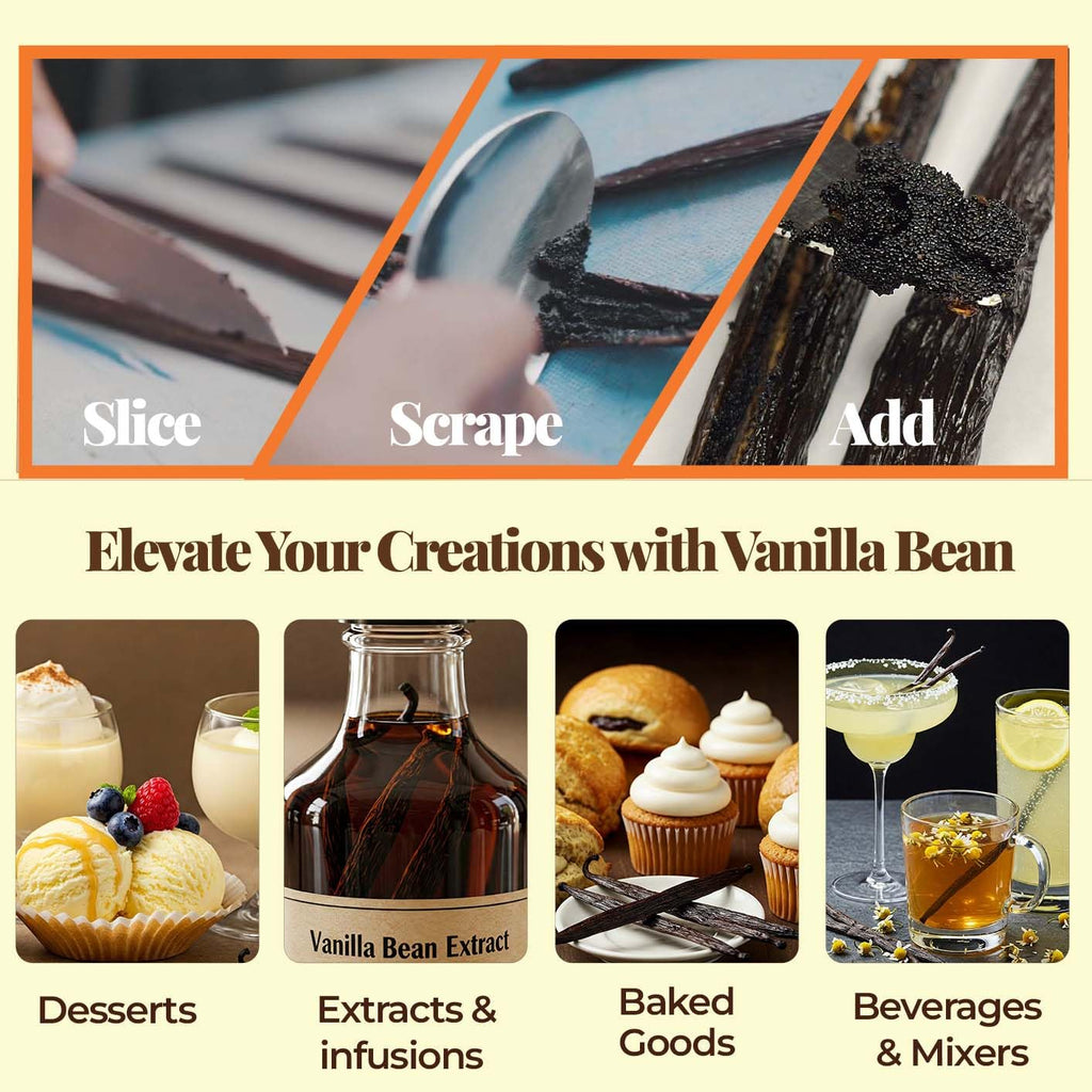 Using vanilla beans for recipes – slice, scrape seeds, and add to desserts, extracts, baked goods, and cocktails