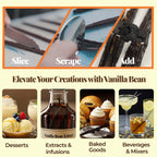 Using vanilla beans for recipes – slice, scrape seeds, and add to desserts, extracts, baked goods, and cocktails