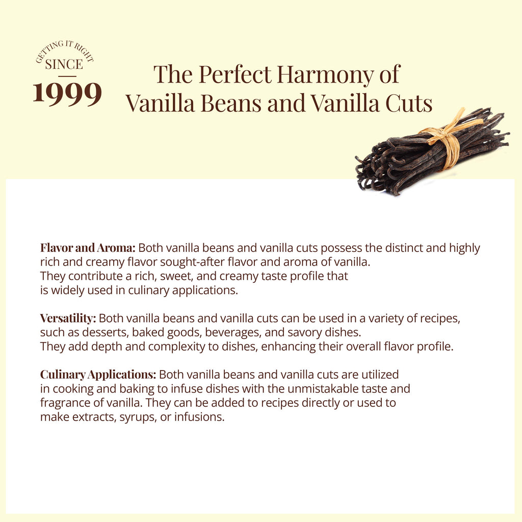 Vanilla beans and cuts showing rich aroma flavor versatility for baking desserts beverages extracts and gourmet cooking