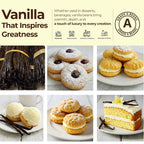 Vanilla beans and desserts collage showing cookies, cakes, ice cream, and baked goods made with premium Grade A vanilla