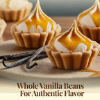 Vanilla beans with mini desserts topped with cream and caramel showing rich authentic flavor perfect for baking and gourmet treats