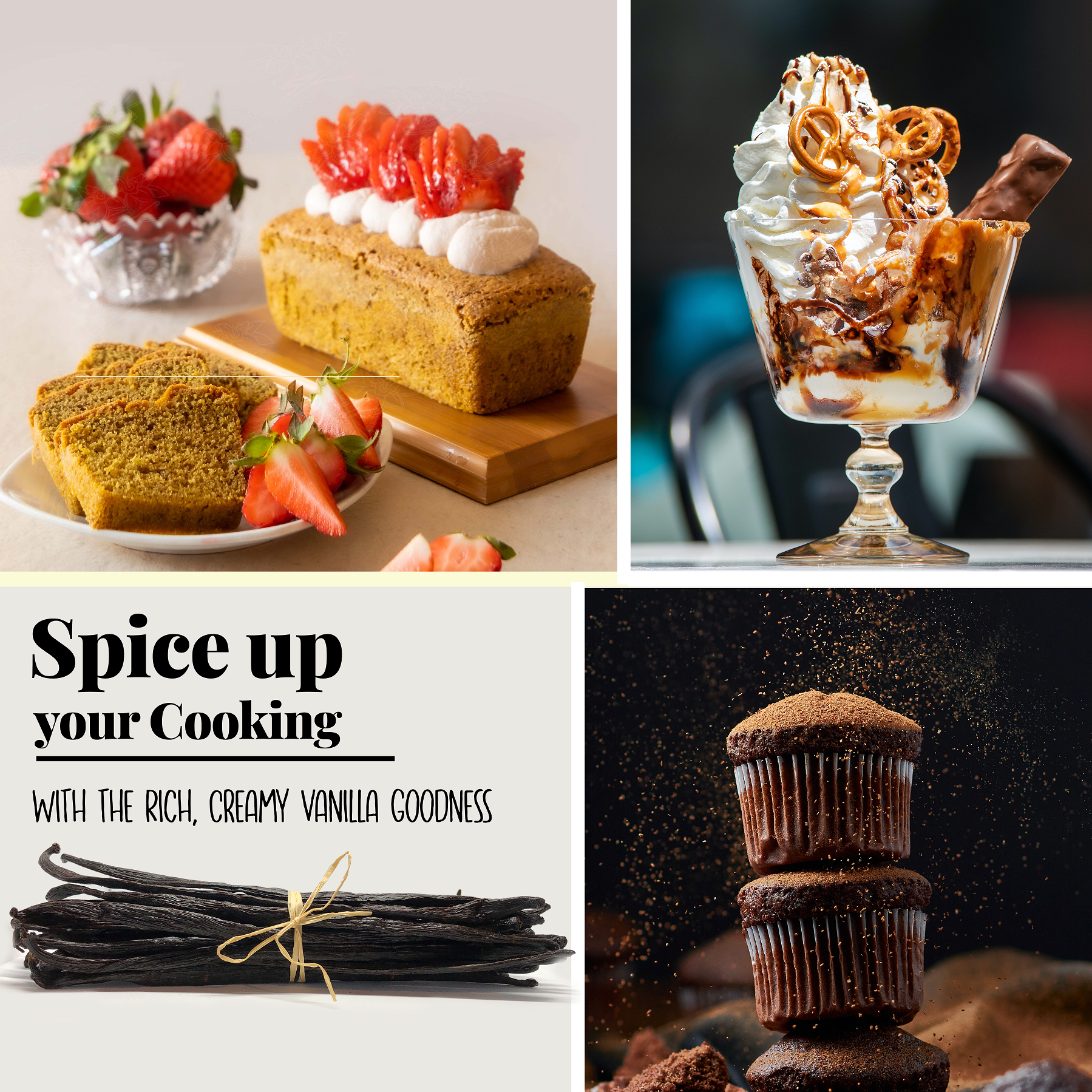Vanilla beans with desserts cupcakes ice cream and baked goods highlighting rich creamy flavor for cooking baking and gourmet use