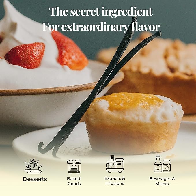 Vanilla beans with desserts whipped cream strawberries and baked goods showing rich flavor perfect for baking extracts and drinks