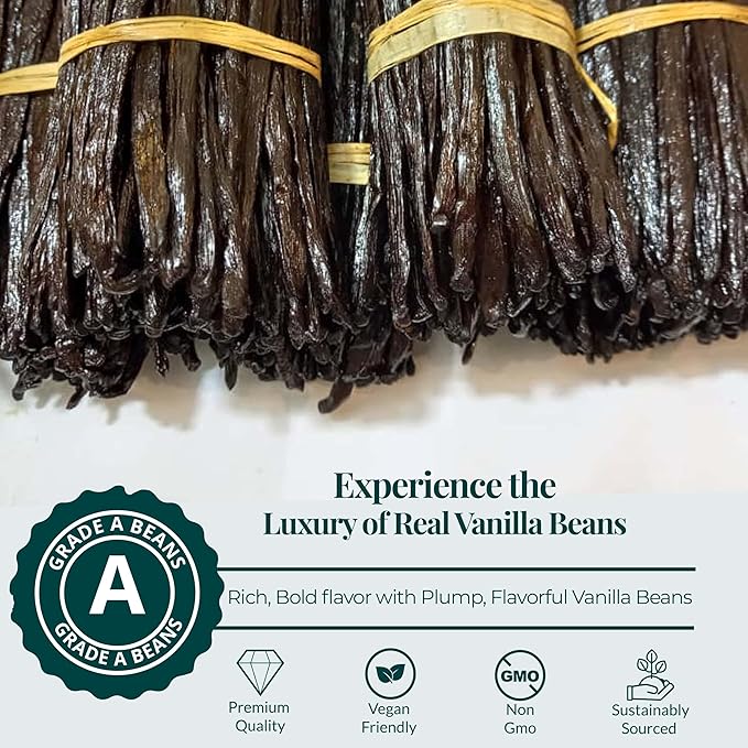 Grade A vanilla beans, premium quality, plump and flavorful pods, rich bold aroma, ideal for baking and gourmet recipes
