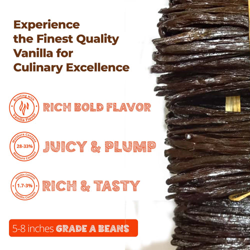 Grade A vanilla beans, rich bold flavor, juicy and plump pods, premium quality ideal for baking, desserts, and culinary use