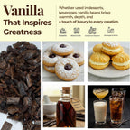 Vanilla cuts with desserts baked goods extracts and beverages showcasing rich aroma flavor and versatile culinary uses