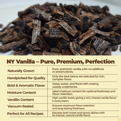 Handheld NY Vanilla vanilla cuts highlighting texture and dark vanilla seeds