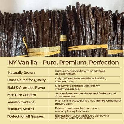 Whole vanilla pods in bulk tied packaging from NY Vanilla for chefs and bakers